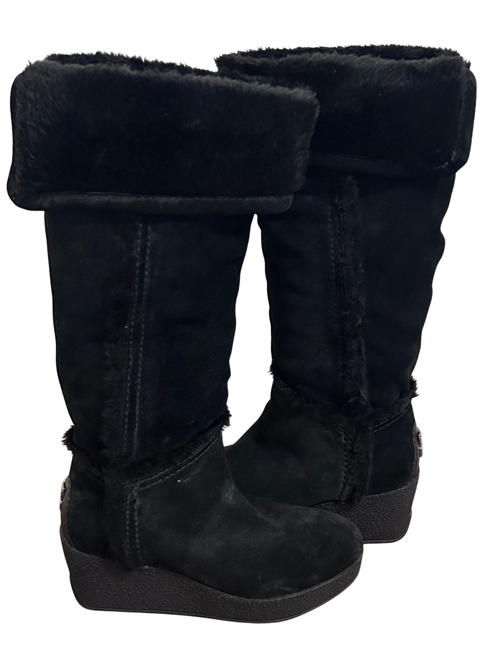 BCBGMaxAzria Black suede Faux Fur Fold-Over Wedge Winter Boots Sz 8